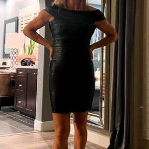 Metallic coating Black Bandage Bodycon Off-Shoulder Dress